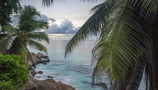 seychelles, landscape, sea, beach, nature, ocean, island, blue, tropical, travel, water, tropics, blue sky, rock, sky, paradise, seaside, holiday, palm, summer, vacations
