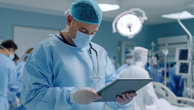 ai generated, surgeon, hospital surgery, medical, hospital, surgery, doctor, tablet, operating room, healthcare, surgeon tablet, operating, technology, analysis