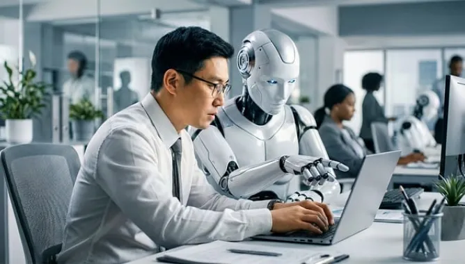 businessman, robot, collaboration, technology, future, office, workplace, ai, artificial intelligence, innovation, humanoid, partnership, digital, automation, computer use, modern, assistant, professional, intelligence, efficiency, ai generated