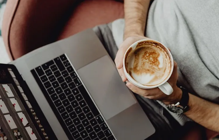 coffee, cup, computer, home, laptop, macbook, technology, office, coffee cup, business, designer, work, man, casual