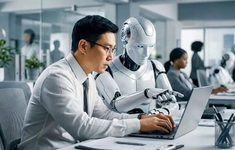 businessman, robot, collaboration, technology, future, office, workplace, ai, artificial intelligence, innovation, humanoid, partnership, digital, automation, computer use, modern, assistant, professional, intelligence, efficiency, ai generated